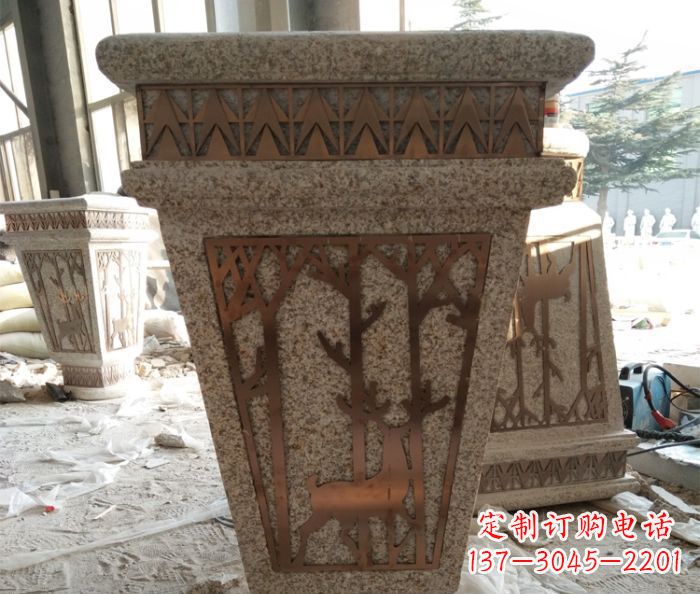 安阳小区大理石梅花鹿石浮雕花盆