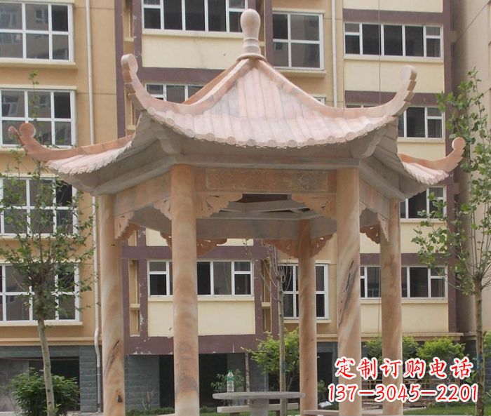 安阳小区晚霞红六角凉亭石雕