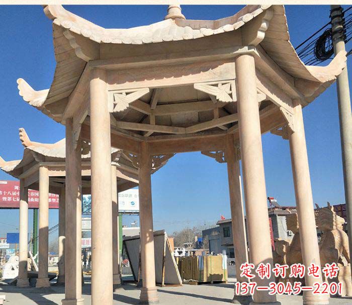 安阳园林景观晚霞红六角石雕凉亭 (2)