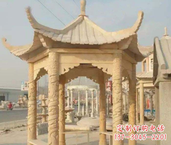 安阳园林景观晚霞红六角石雕凉亭 (3)