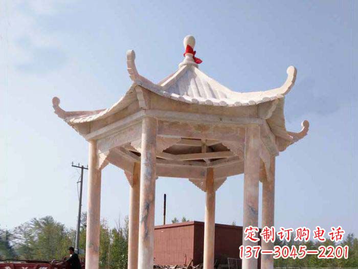 安阳园林景观晚霞红六角石雕凉亭