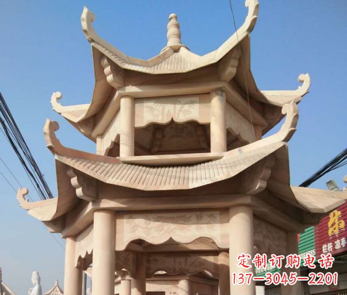 安阳园林景观晚霞红双层石雕凉亭 (2)