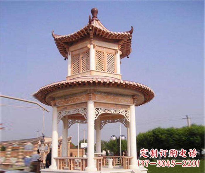 安阳园林景观晚霞红双层石雕凉亭 (4)