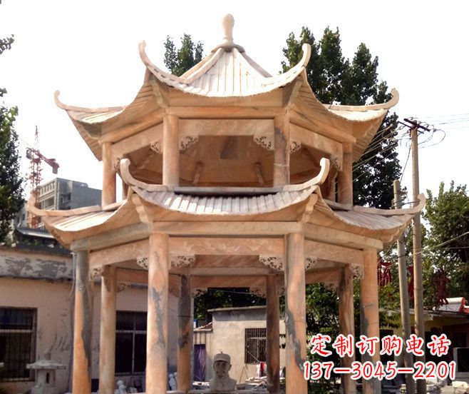 安阳园林景观晚霞红双层石雕凉亭