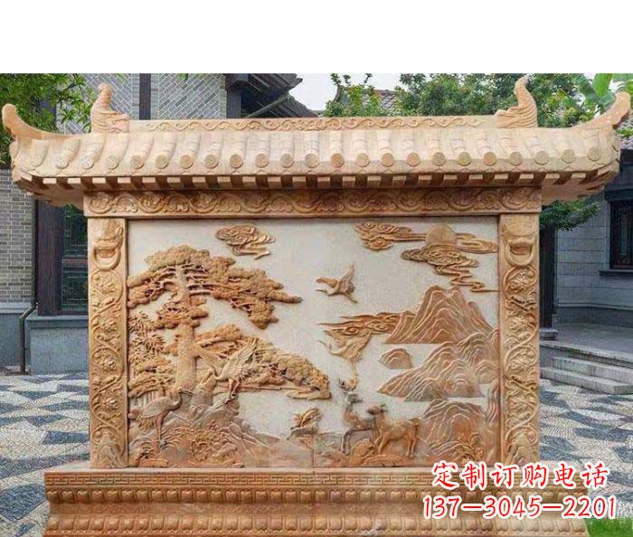 安阳园林景观晚霞红松鹤石浮雕影壁