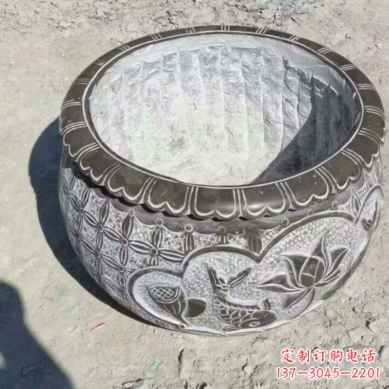 安阳园林莲花鱼纹石雕水缸