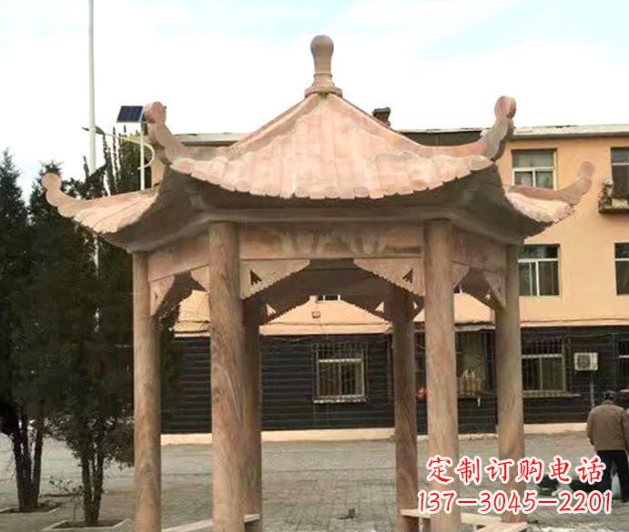 安阳园林晚霞红六角石雕凉亭