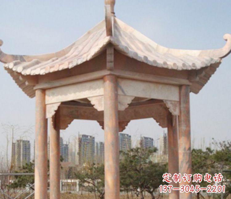 安阳园林晚霞红六角石凉亭景观石雕