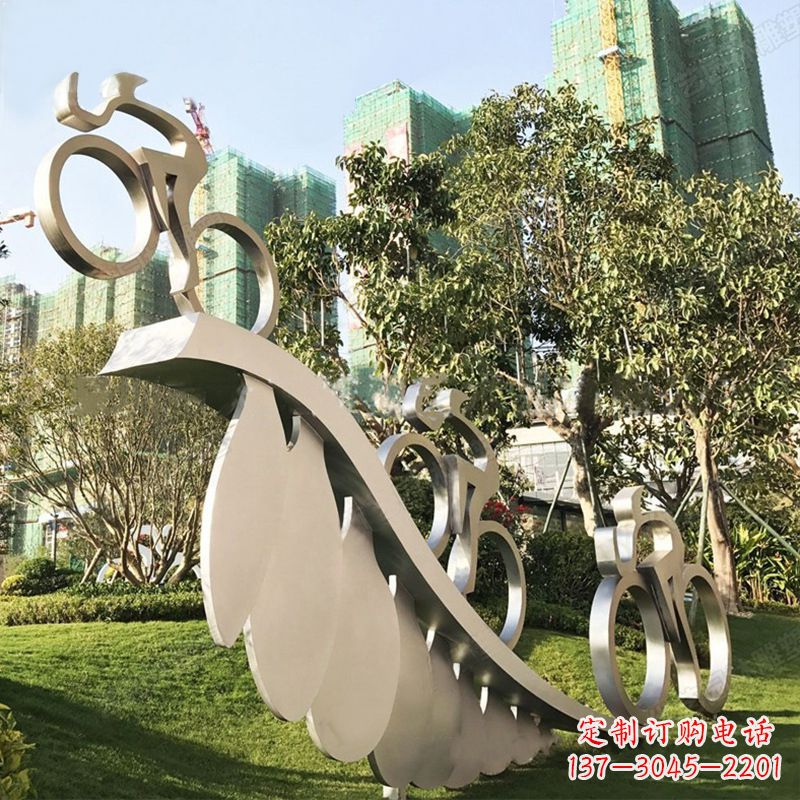 安阳自行车雕塑-抽象不锈钢骑自行车人物景观雕塑